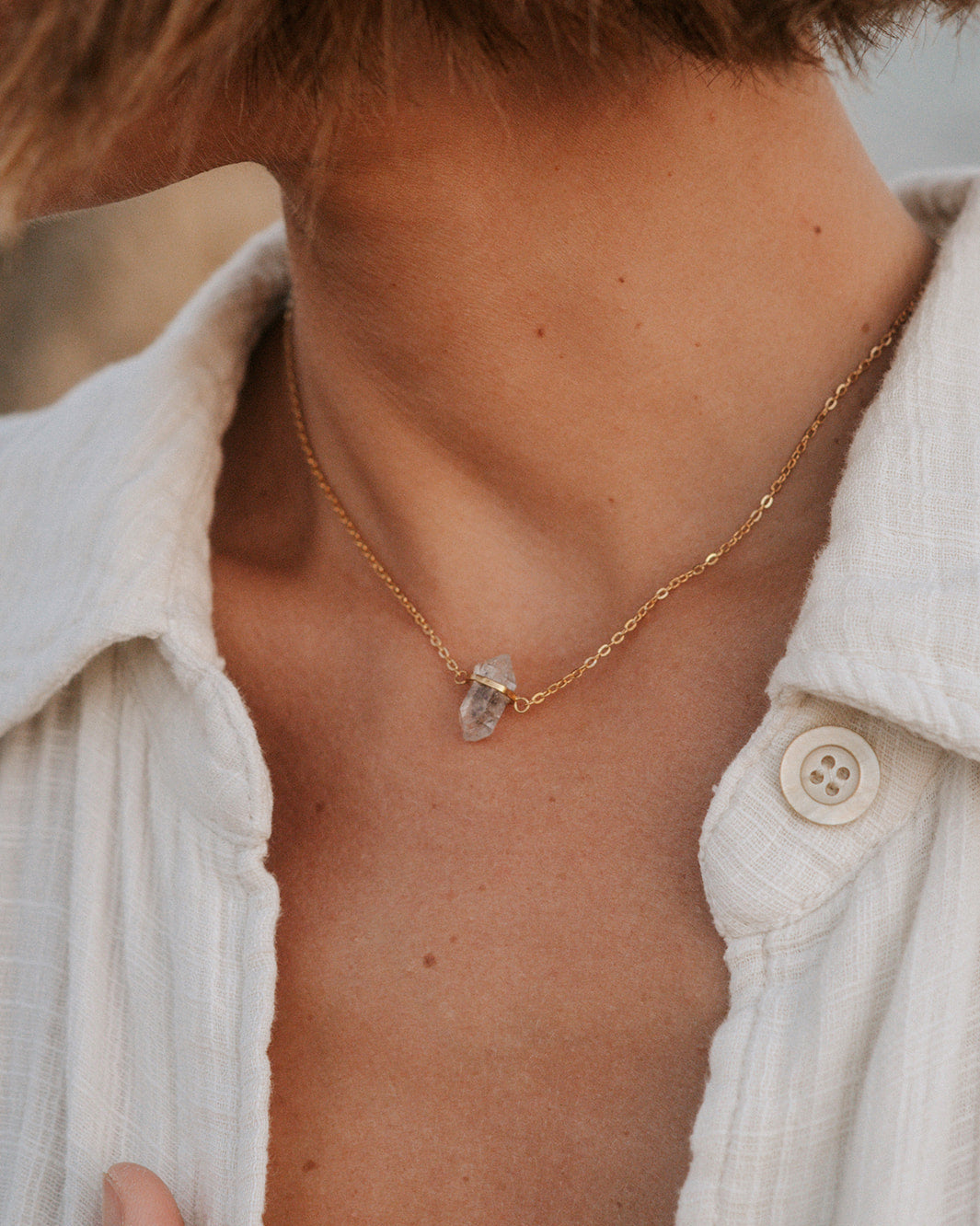 Collar Cuarzo Claro Bruto Bañado en Oro 18k